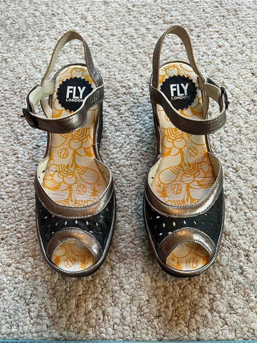Fly London Black and Metallic Bronze Wedge Sandals 38